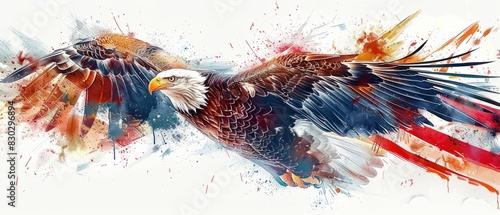 Bald eagle and the American flag in vibrant colors and dynamic splashes