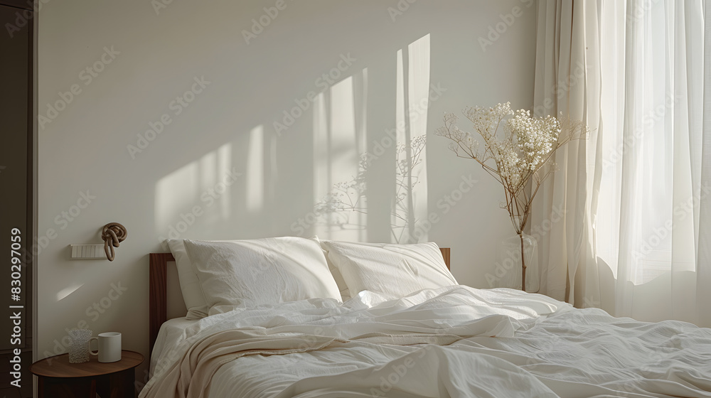 A bedroom with a white bed and a plant on the nightstand