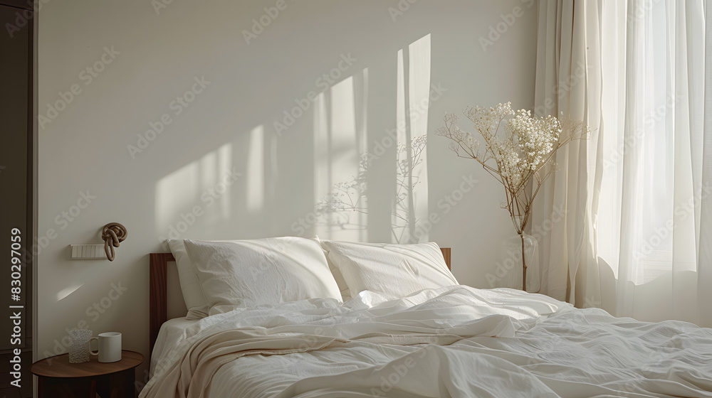 A bedroom with a white bed and a plant on the nightstand A bedroom with a white bed and a plant on the nightstand