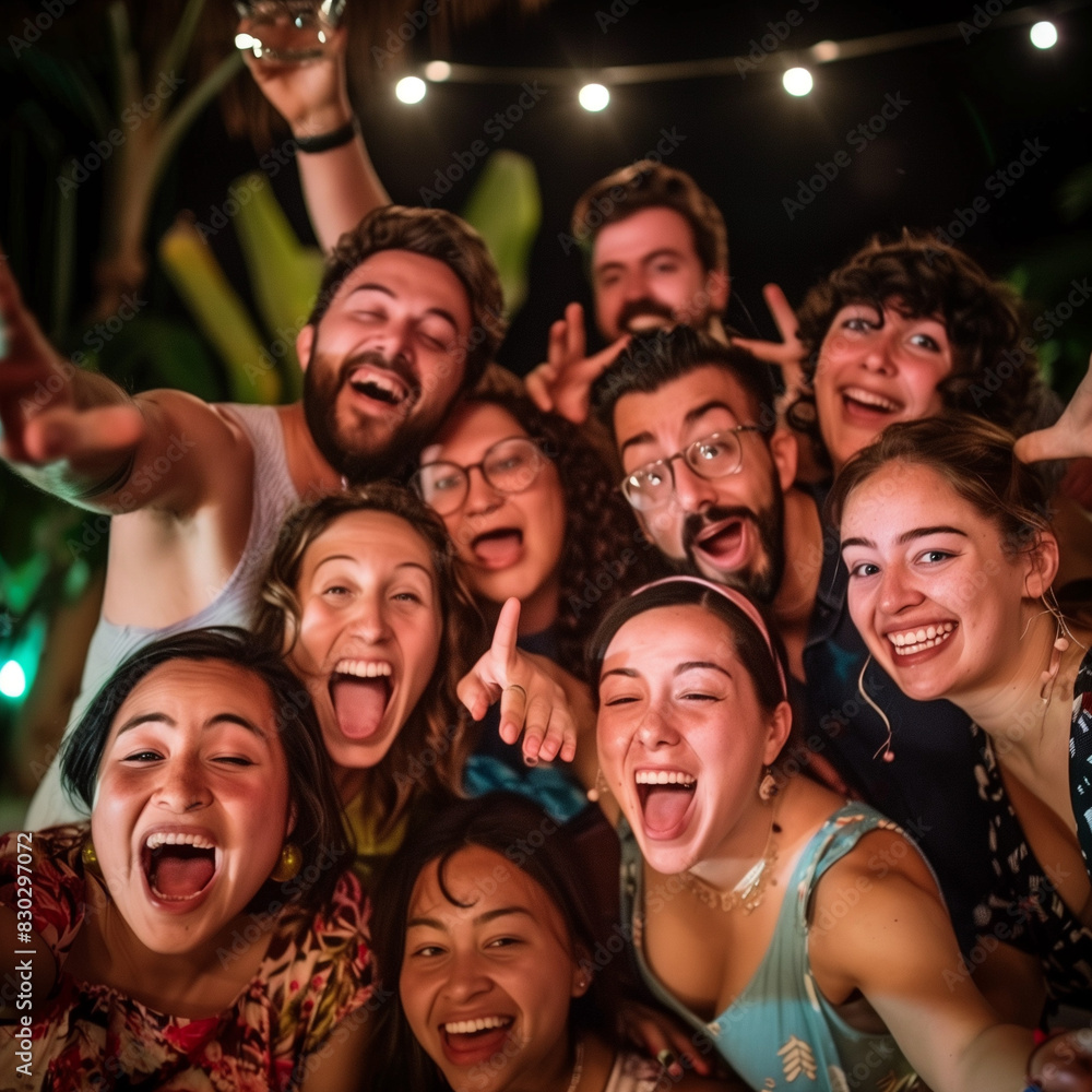 friends for a group selfie, capturing their happy faces and the fun atmosphere of the celebration friends for a group selfie, capturing their happy faces and the fun atmosphere of the celebration