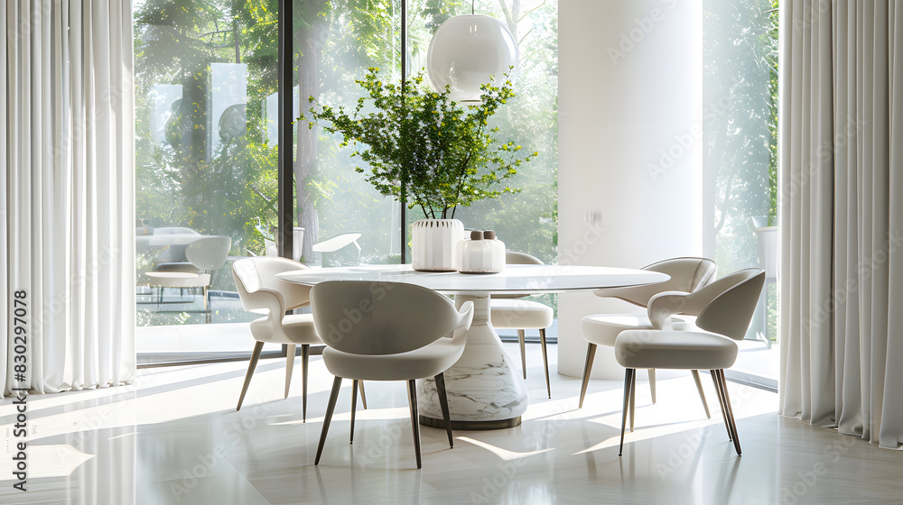 A white dining room with a large table and chairs A white dining room with a large table and chairs