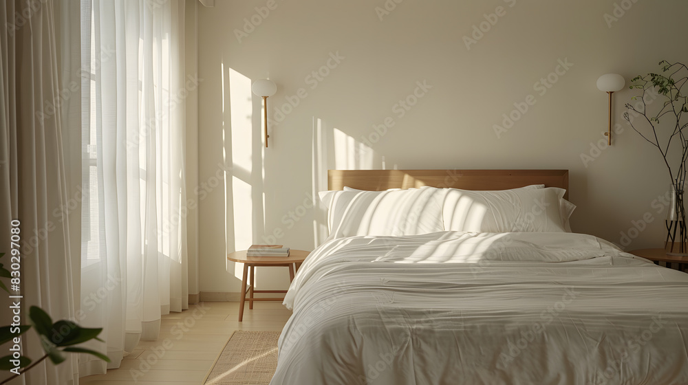 A bedroom with a white bed and a plant on the nightstand A bedroom with a white bed and a plant on the nightstand