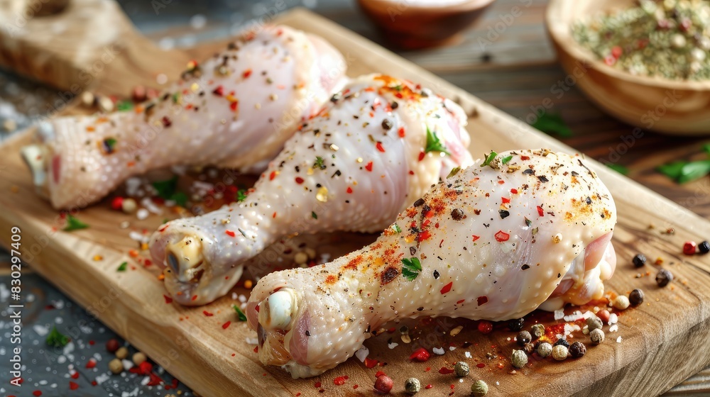 Chicken drumsticks in their raw state with seasonings placed on a wooden cutting board Chicken drumsticks in their raw state with seasonings placed on a wooden cutting board
