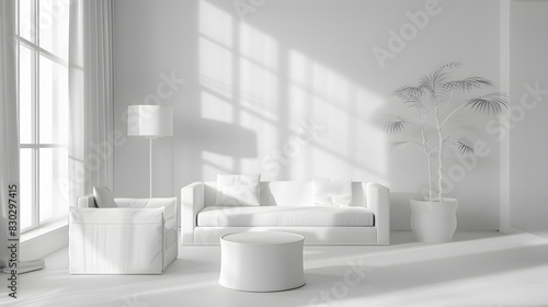 A white room with a couch and a plant