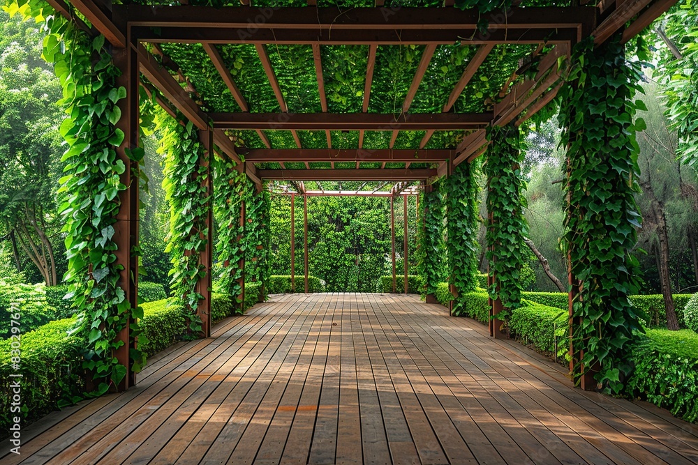 Explore a serene oasis with a wooden pergola car cover featuring hanging plants in pots, creating a suspended garden effect Explore a serene oasis with a wooden pergola car cover featuring hanging plants in pots, creating a suspended garden effect