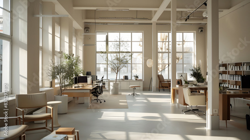 A large open office space with a white couch  a coffee table  and a potted plant