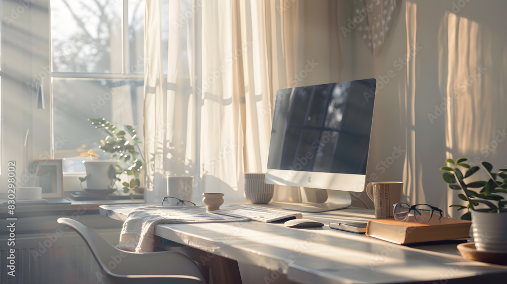 A clean and organized office space with a large window A clean and organized office space with a large window