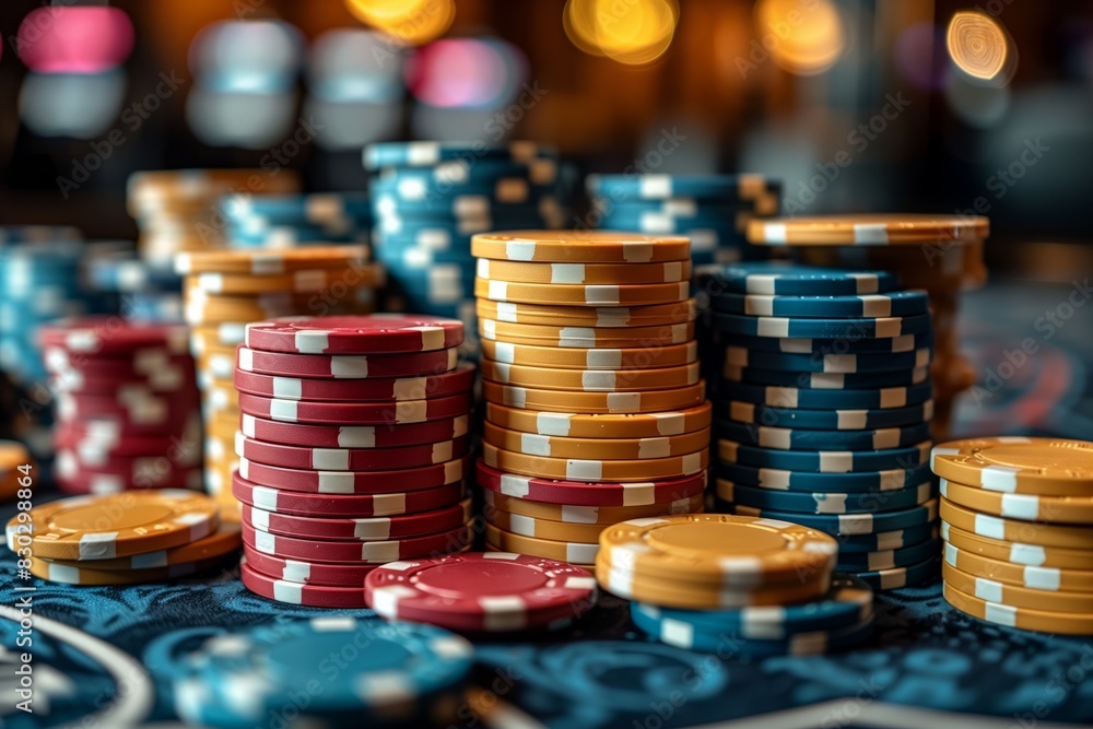 Stacked casino chips on a gaming table Stacked casino chips on a gaming table
