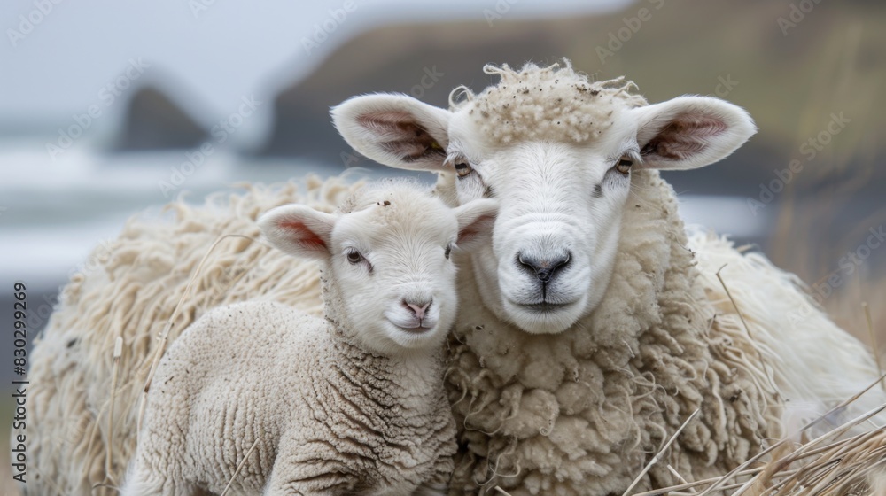 A sheep and her lamb cuddle closely, showcasing the affectionate bond between them in a natural setting. A sheep and her lamb cuddle closely, showcasing the affectionate bond between them in a natural setting.