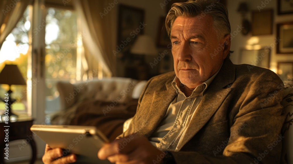 Mature businessman focused on using a digital tablet while sitting on a window sill, with warm indoor lighting. Mature businessman focused on using a digital tablet while sitting on a window sill, with warm indoor lighting.