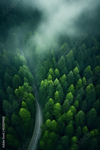 road in the middle of the forest aerial view Generative AI