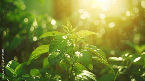 A sunlit avocado plant with lush green leaves  basking in the warm  glowing light of the sun.