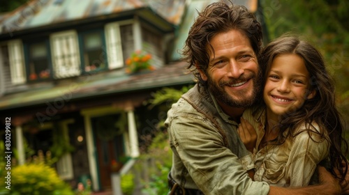 A beaming father gives his daughter a joyful piggyback ride in front of a rustic house.