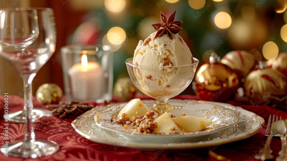 Christmas dessert with Spekulatius ice cream garnished with nuts and star anise, served in an elegant setting. Christmas dessert with Spekulatius ice cream garnished with nuts and star anise, served in an elegant setting.