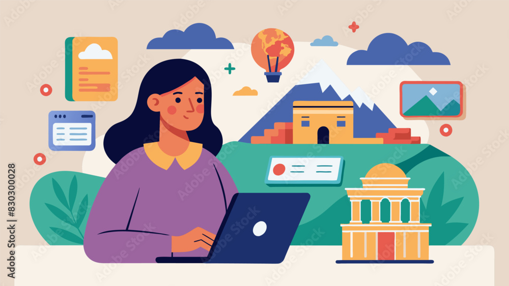Naklejka premium As she scrolled through various online resources Mrs. Patel meticulously researched different attractions and historical sites to create an educational and engaging field trip. Vector illustration