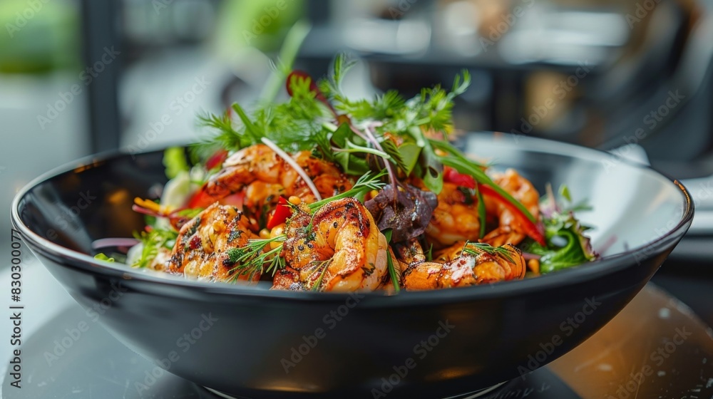 A sumptuous dish of cooked prawns with fresh salad and dill dressing in a black bowl, ready to be served. A sumptuous dish of cooked prawns with fresh salad and dill dressing in a black bowl, ready to be served.