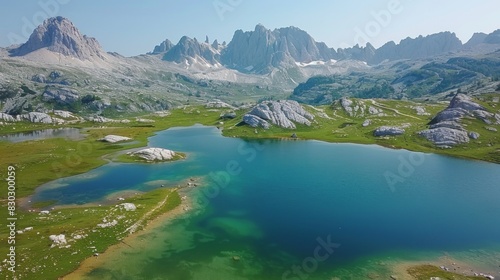 Aerial view of a tranquil mountain lake surrounded by rugged peaks and green meadows under a clear blue sky.