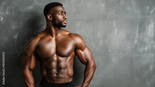 Muscular man posing in front of abstract background, serious expression, studio lighting, showcasing physique.