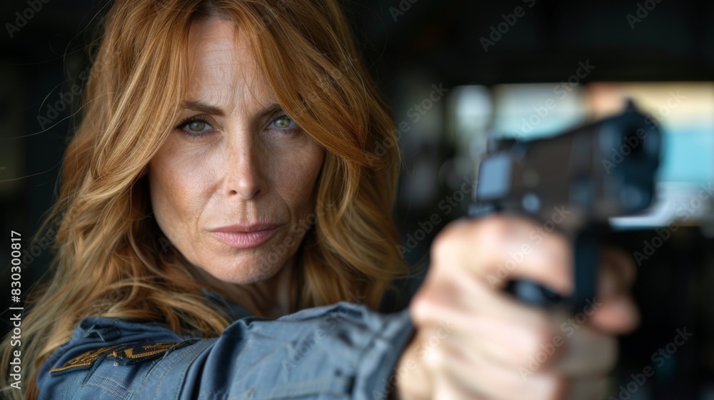 A woman with determined expression holding a gun and aiming at an unseen target. A woman with determined expression holding a gun and aiming at an unseen target.