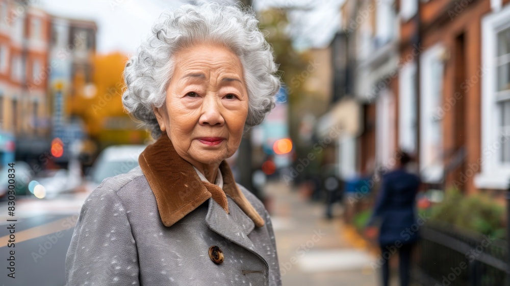 A senior Japanese woman with grey hair stands in a city street, wearing a stylish coat. A senior Japanese woman with grey hair stands in a city street, wearing a stylish coat.