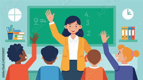 A teacher standing at the front of the classroom calling out math problems while students enthusiastically raise their hands to answer.. Vector illustration