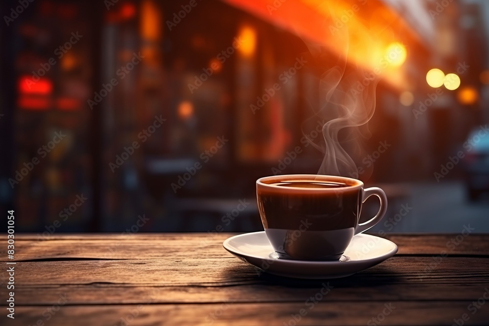 Coffee cup on wooden table in front of defocused lights Coffee cup on wooden table in front of defocused lights