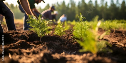 Volunteers plant trees to create biochar, supporting environmental conservation and reforestation efforts. Concept Environmental Conservation, Reforestation, Tree Planting, Biochar, Volunteerism