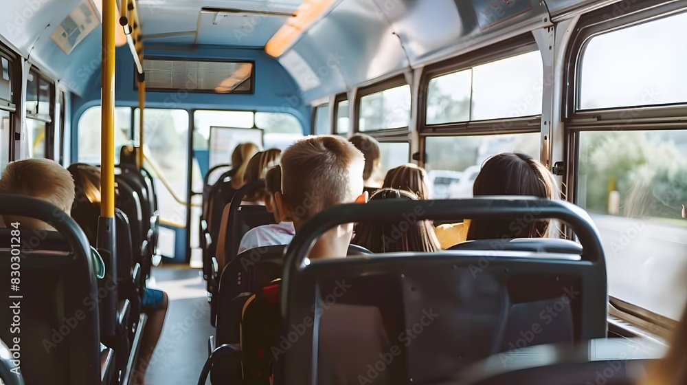 Fototapeta premium A group of young students seated inside a school bus, heading to school on a sunny morning, engaged in conversations and looking out the windows.