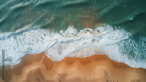 Aerial view of a surfer riding a wave on a sandy beach in Portugal, capturing the dynamic ocean texture.