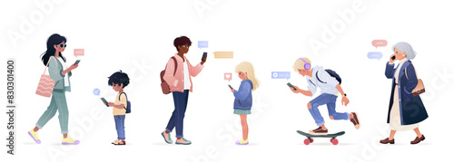 Diverse people of different ages and ethnicities using smartphone, surfing internet, chatting. Men, women, kids, young adults and elderly woman holding gadgets. isolates vector illustrations on white.