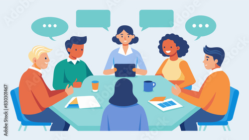 A small group of volunteers sitting around a table discussing ways to improve the support hotline and make it more accessible to all members of the community.. Vector illustration