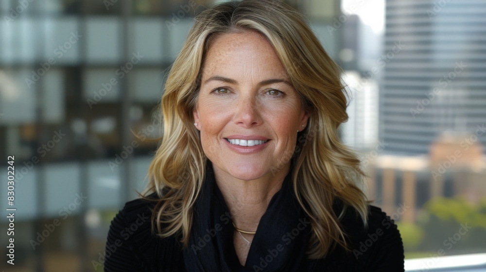 Professional smiling businesswoman in office setting with cityscape in the background. Professional smiling businesswoman in office setting with cityscape in the background.