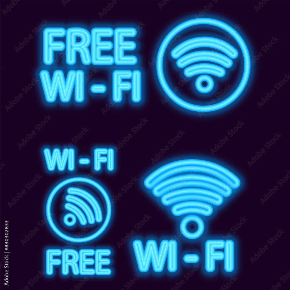 vector set of blue Wi-Fi wave signal signs isolated on dark background vector set of blue Wi-Fi wave signal signs isolated on dark background