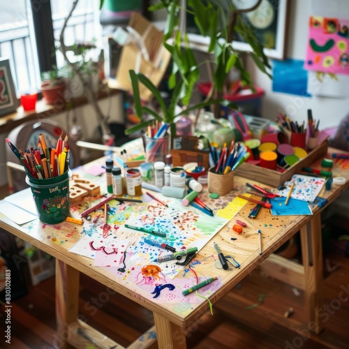 A messy table with a lot of art supplies and a drawing on it