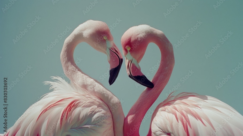 Naklejka premium Two pink flamingos interact, their necks forming a heart shape against a soft blue background.