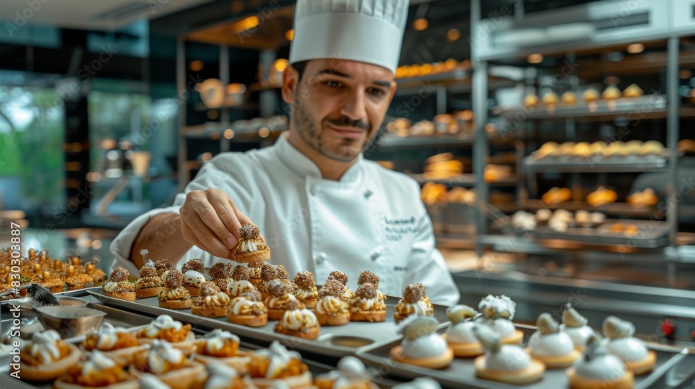 Chef in a white uniform meticulously garnishing desserts in a professional kitchen. Chef in a white uniform meticulously garnishing desserts in a professional kitchen.