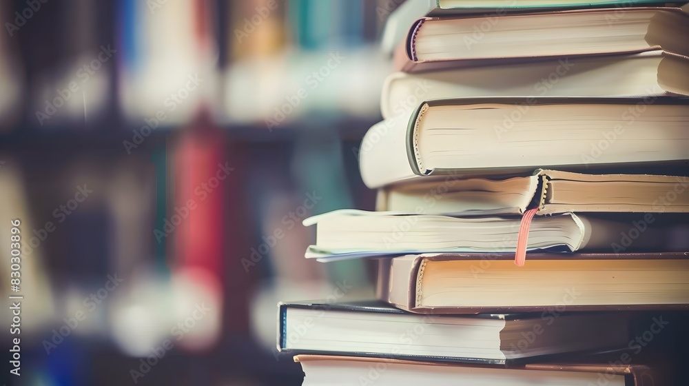 Stack of assorted books with blurred library background, depicting knowledge and education in a cozy and scholarly environment. Stack of assorted books with blurred library background, depicting knowledge and education in a cozy and scholarly environment.