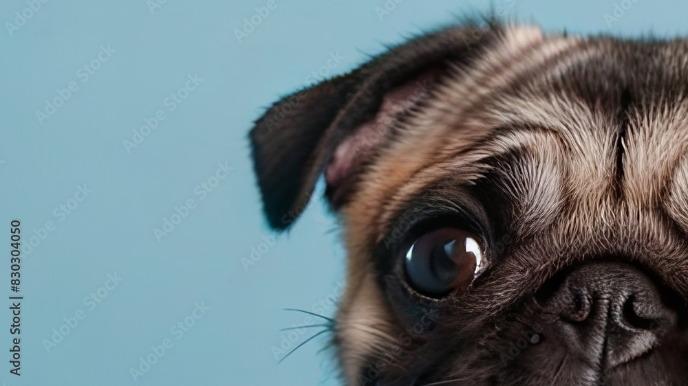 portrait of a cute pug on a pink, blue background. close-up portrait of a happy pet