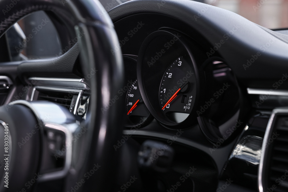 Dashboard inside of modern black car, closeup Dashboard inside of modern black car, closeup