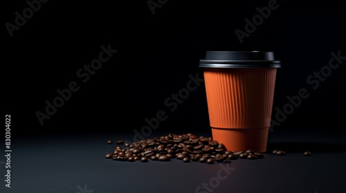 Coffee cup and coffee beans on black background