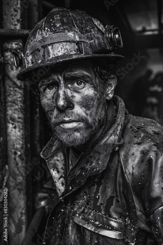 Intense Black and White Portrait of a Coal Miner Covered in Soot and Sweat, Wearing a Helmet, Capturing the Harsh Reality and Determination in Mining Work © Vilius
