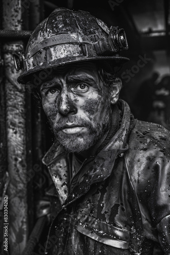 Intense Black and White Portrait of a Coal Miner Covered in Soot and Sweat, Wearing a Helmet, Capturing the Harsh Reality and Determination in Mining Work