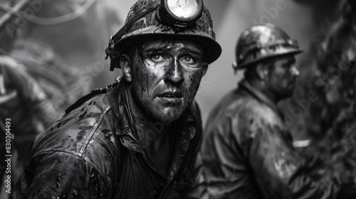 Intense Black and White Portrait of a Coal Miner Covered in Soot and Sweat, Wearing a Helmet, Capturing the Harsh Reality and Determination in Mining Work © Vilius