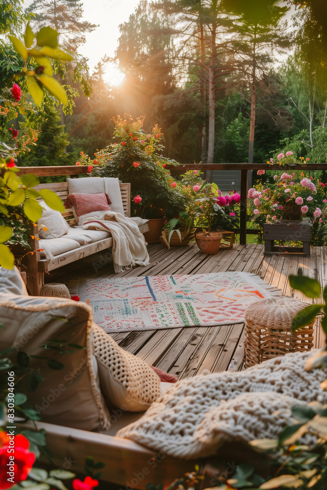 Fototapeta premium Cozy wooden terrace with rustic wooden furniture, soft colorful pillows and blankets, decorations and rose flower bushes. Charming sunny evening in summer garden.