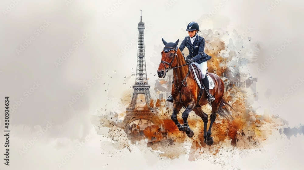 Naklejka premium Horizontal banner, watercolor illustration, Summer Olympic Games, equestrian sport, a rider gallops on a horse against the background of the Eiffel Tower, free space for text