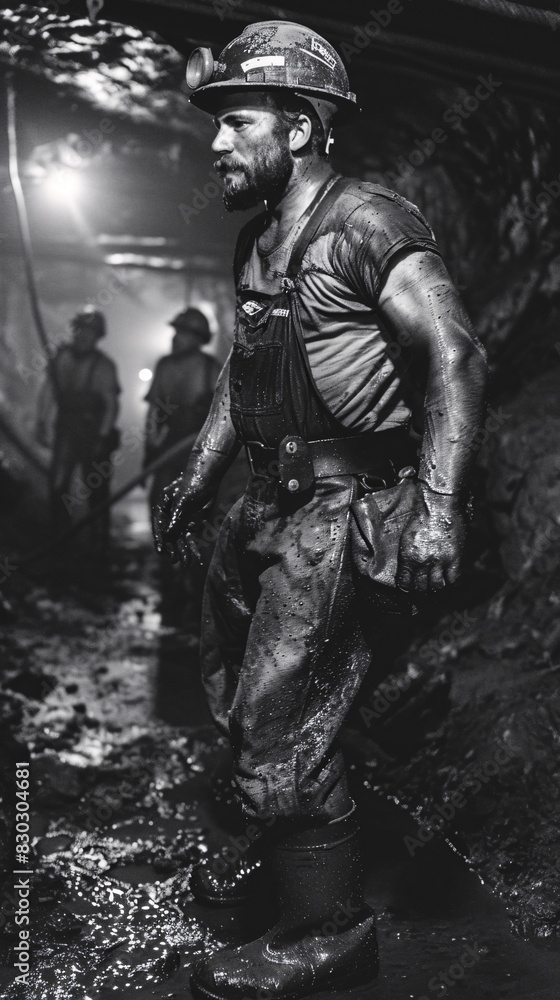 Intense Black and White Portrait of a Coal Miner Covered in Soot and Sweat, Wearing a Helmet, Capturing the Harsh Reality and Determination in Mining Work Intense Black and White Portrait of a Coal Miner Covered in Soot and Sweat, Wearing a Helmet, Capturing the Harsh Reality and Determination in Mining Work