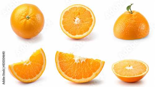 Image of slicing oranges on a white background. You can see a whole orange, its cross section and a piece.