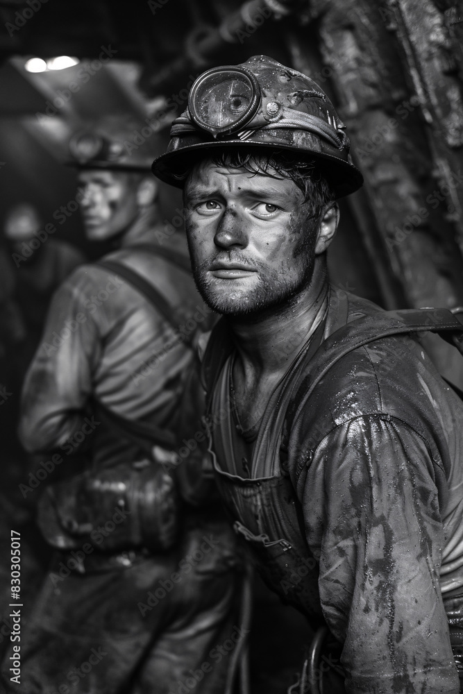 Intense Black and White Portrait of a Coal Miner Covered in Soot and Sweat, Wearing a Helmet, Capturing the Harsh Reality and Determination in Mining Work Intense Black and White Portrait of a Coal Miner Covered in Soot and Sweat, Wearing a Helmet, Capturing the Harsh Reality and Determination in Mining Work