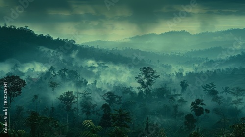 Morning mist hovers over the lush forests of an Indonesian mountainside  with beams of light breaking through the clouds.