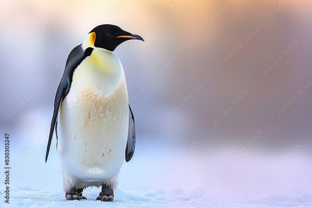 Fototapeta premium full-length penguin profile in snow in winter with place for text